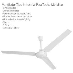Ventilador de Techo Tipo Industrial Metalico Control 5 Velocidades