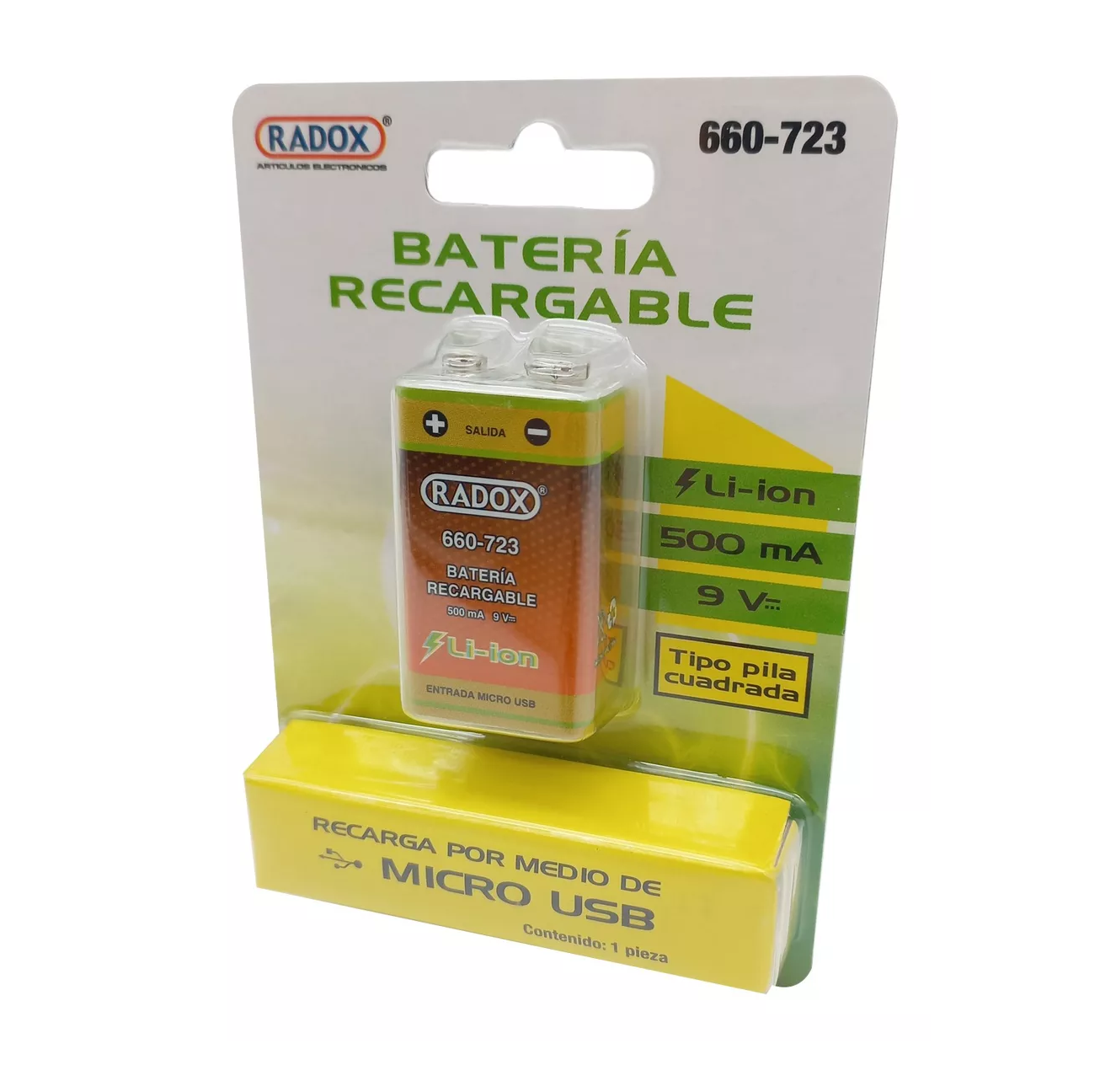 Pila Recargable USB de 9V Cuadrada de 500mAh