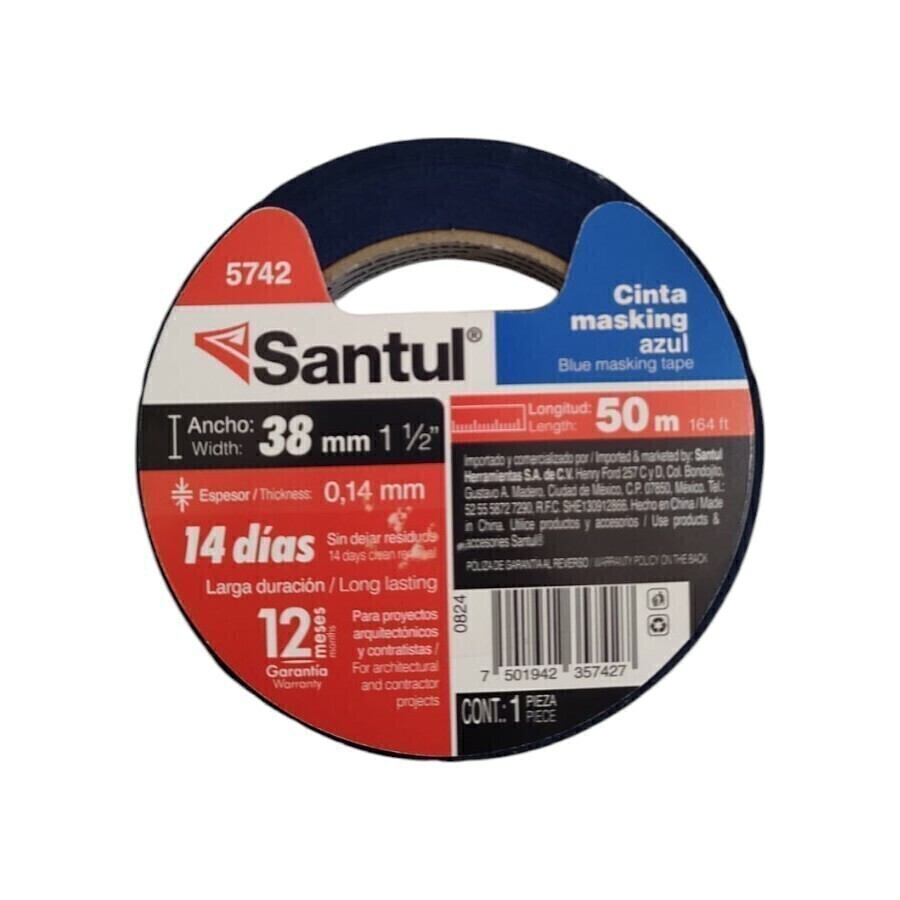 Masking tape 1-1/2" de 50m azul para pintor Santul