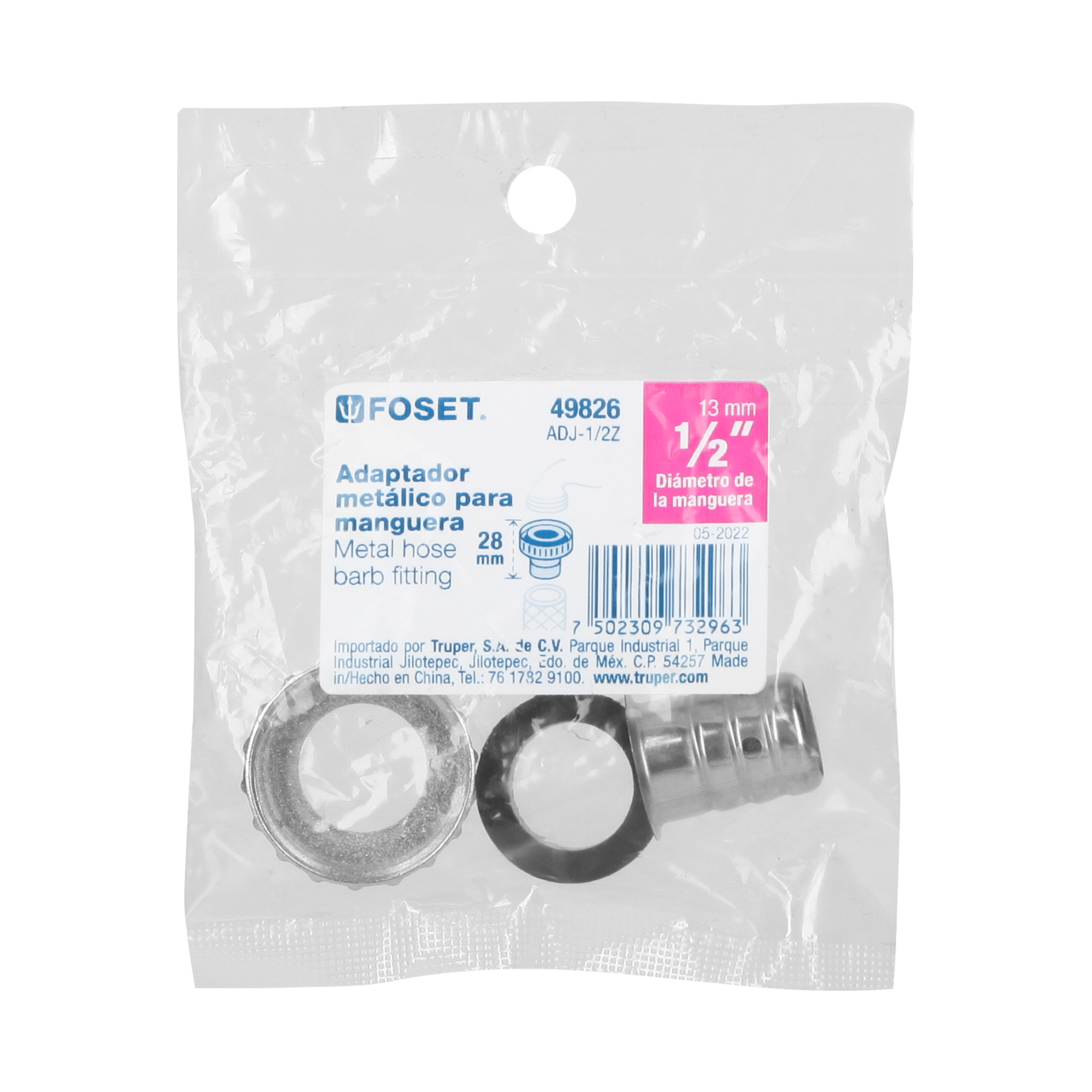 Adaptador metalico 1/2" para manguera, Foset