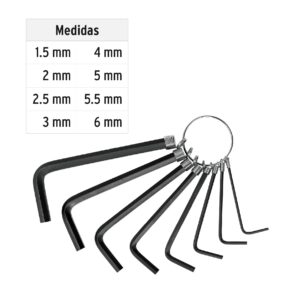 Juego de 8 llaves Allen tipo llavero milimetricas Pretul