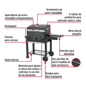 Asador de carbon de 24' con tapa, negro, Fiero