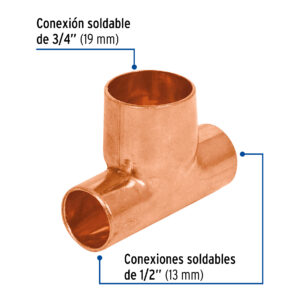 Tee de cobre reducida 1/2" x 1/2" x 3/4"