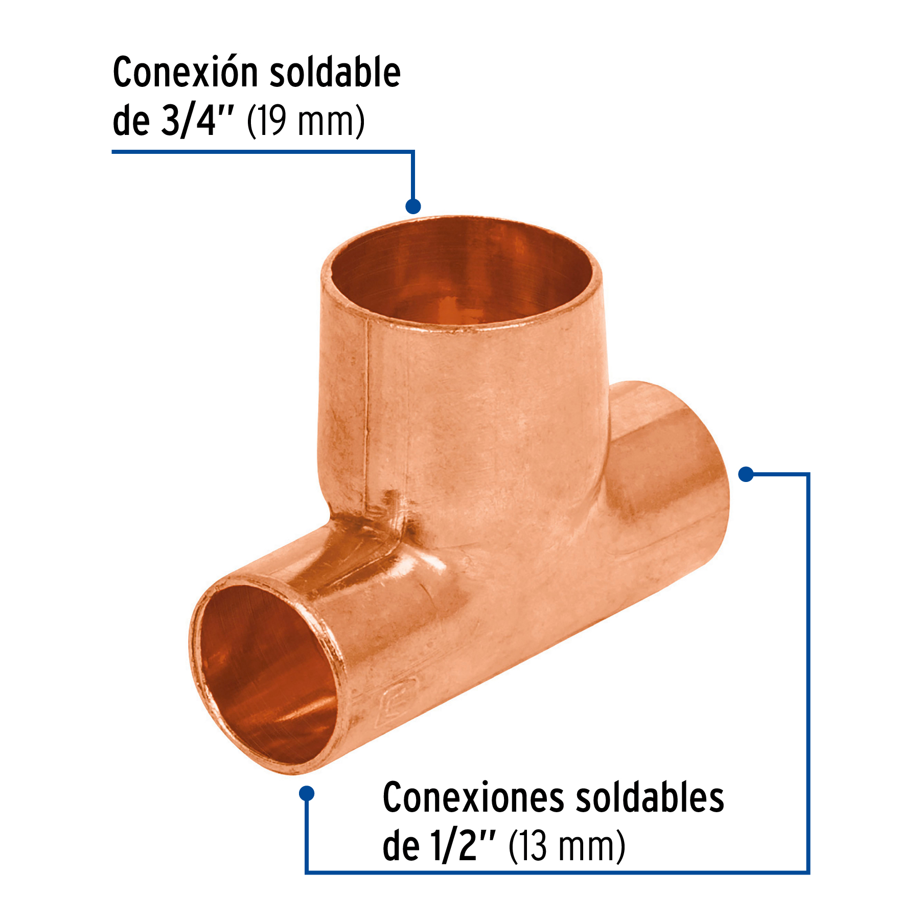 Tee de cobre reducida 1/2" x 1/2" x 3/4"