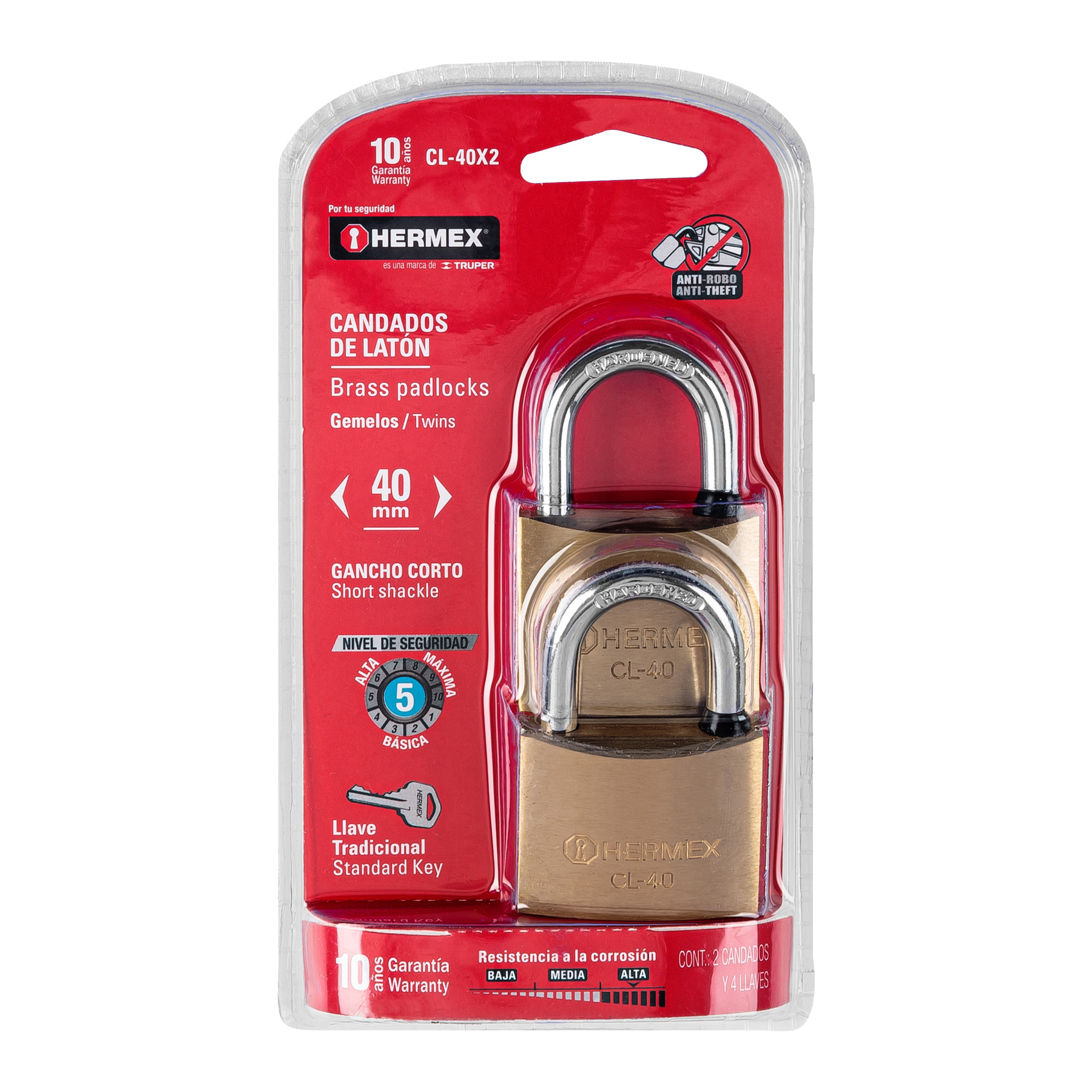 Candados de laton 40mm gancho corto blister 2 piezas
