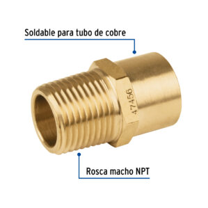 Conector de laton, NPT soldable,1/2" X 3/8"