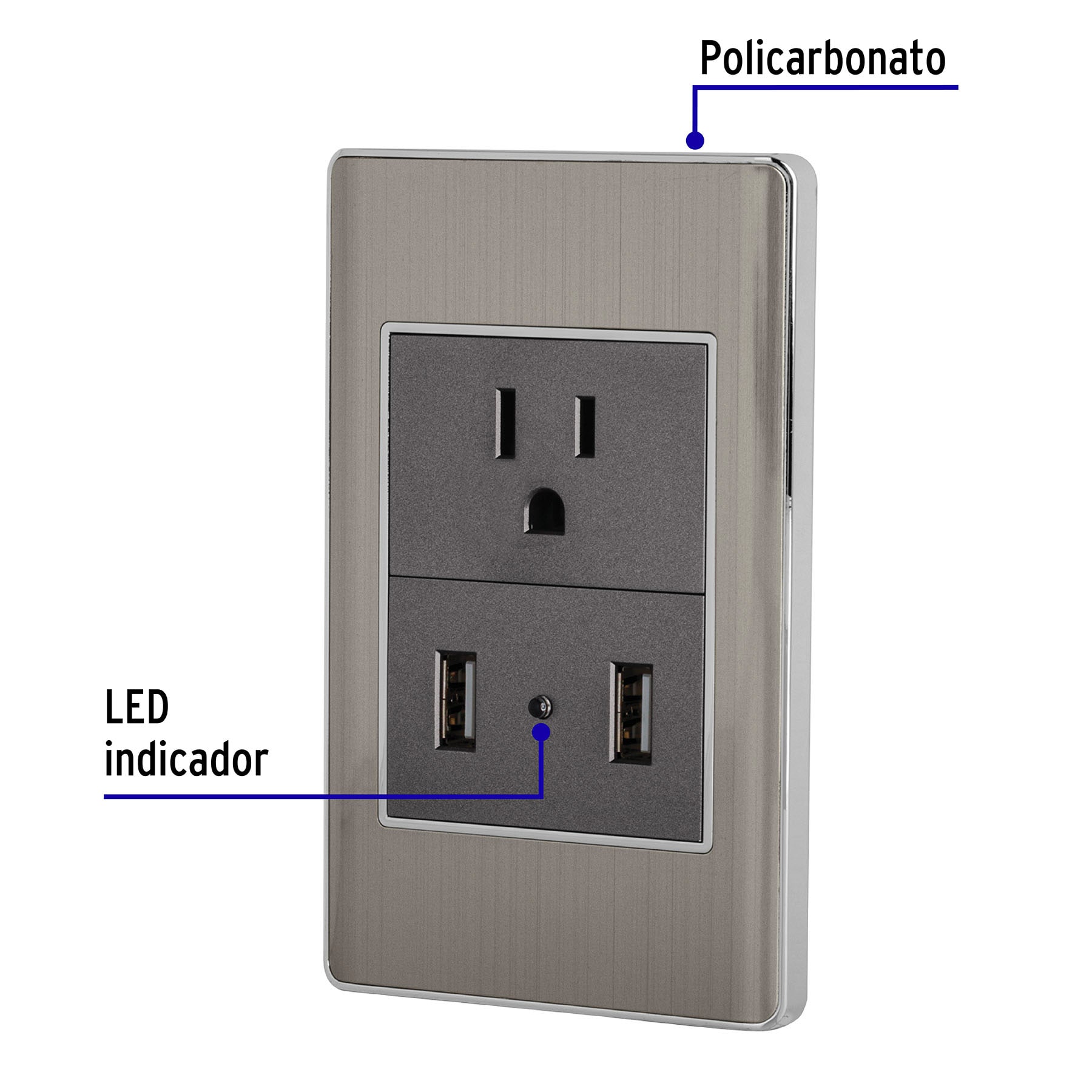 Placa Armada Contacto 2 puertos USB Acero Inoxidable Lisboa