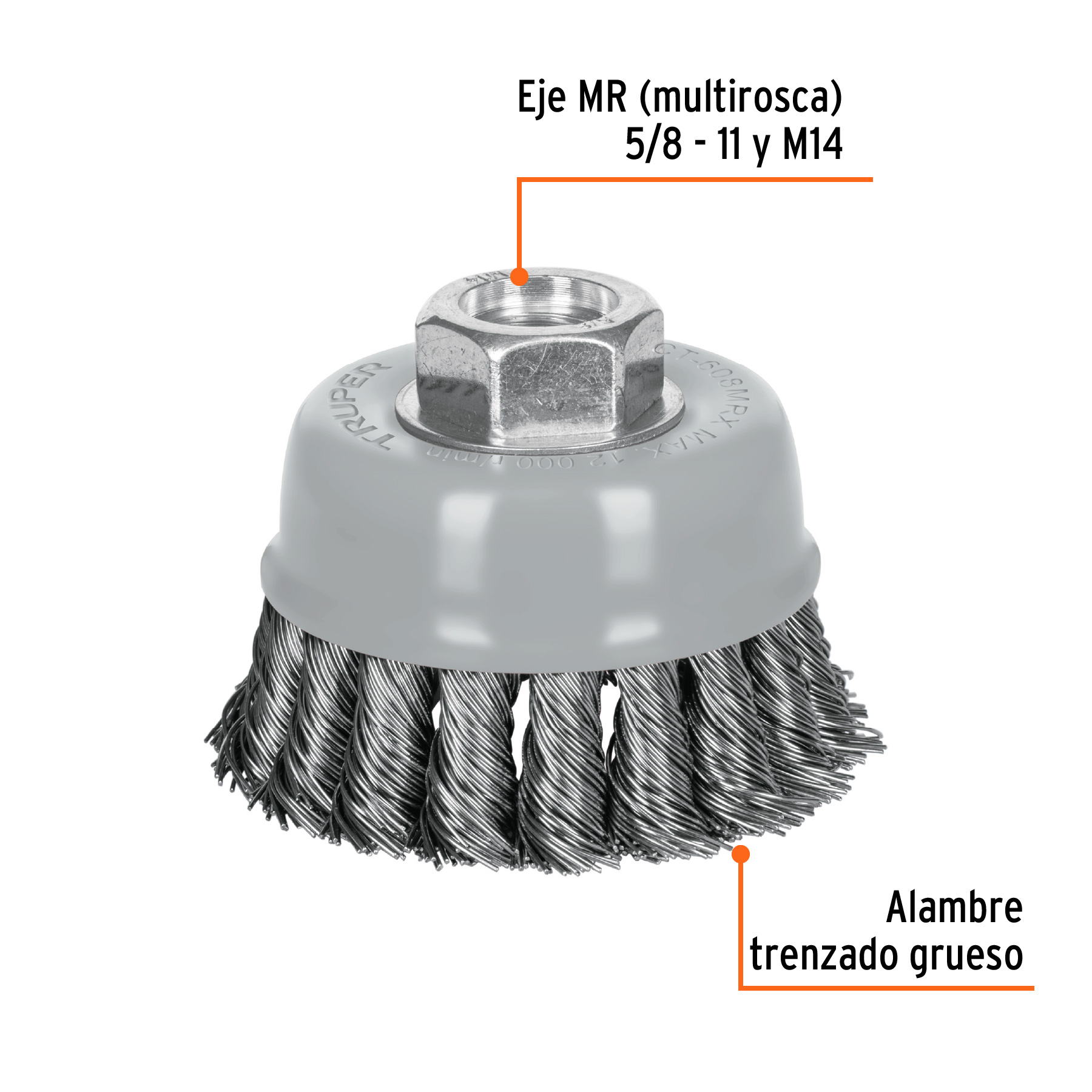 Carda Copa Alambre trenzado grueso 3" Eje Multirosca 5/8 - 11 y M14