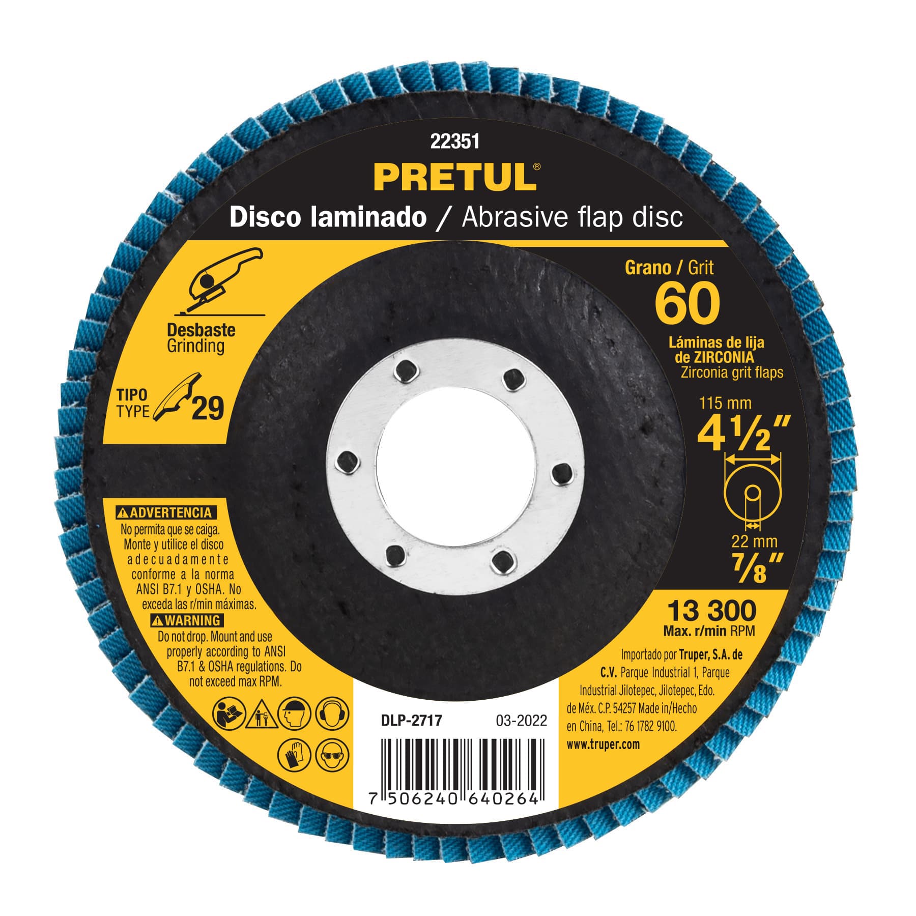 Disco Laminado Grano 60 de 4-1/2" Centro 7/8"