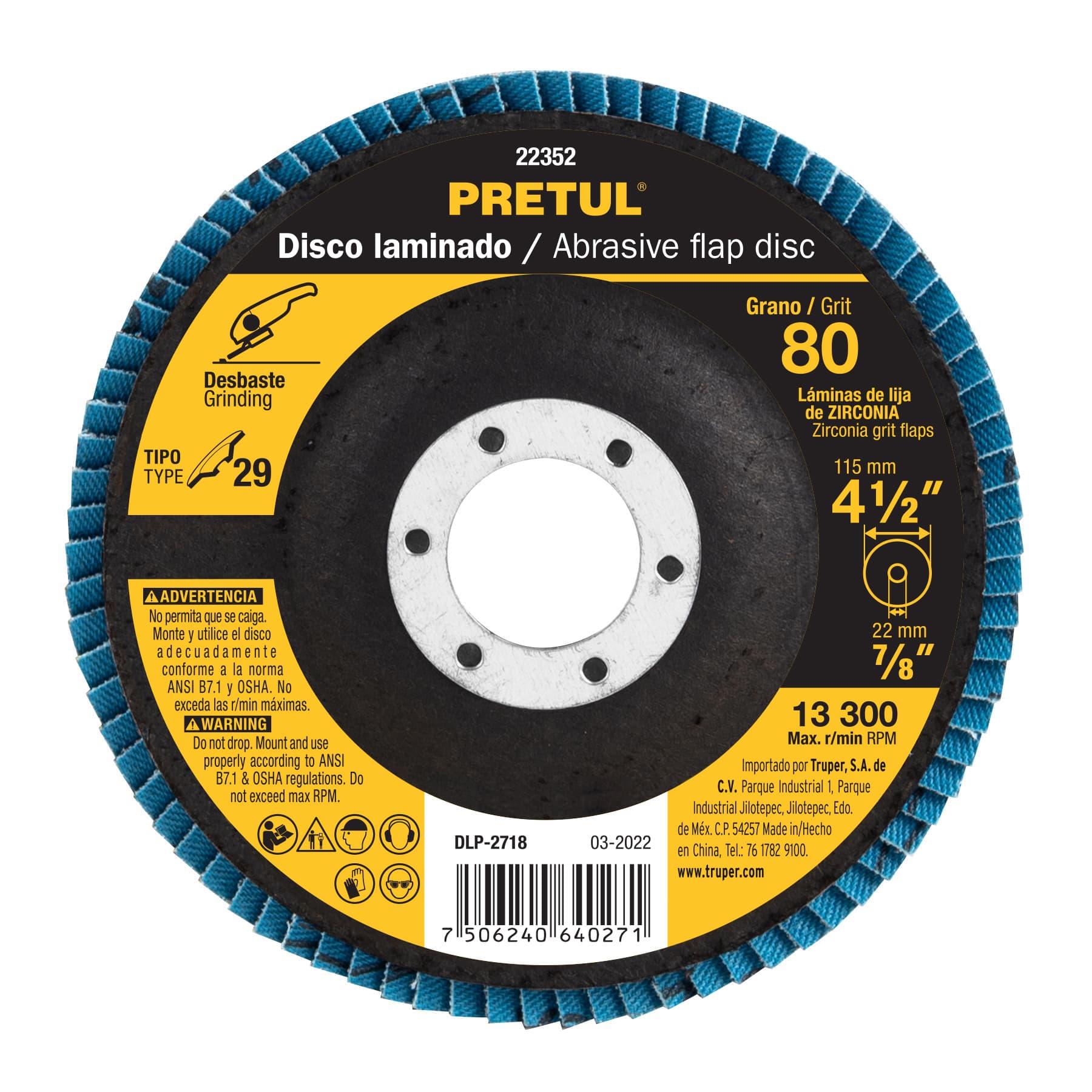 Disco Laminado Grano 80 de 4-1/2" Centro 7/8"