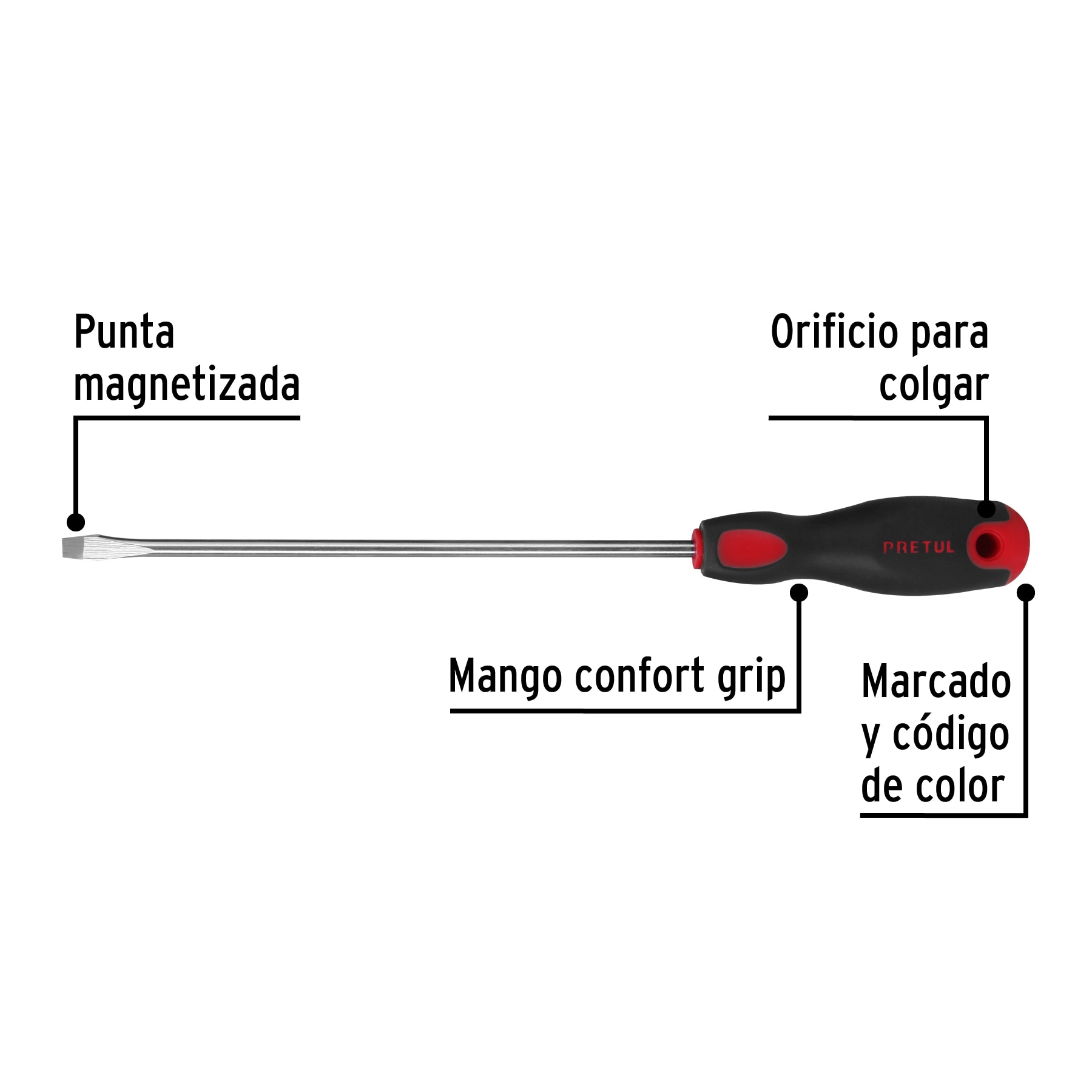 Desarmador plano 1/4x8" mango Comfort Grip Pretul