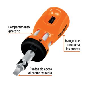 Desarmador tipo trompo con matraca, 6 puntas dobles, blister