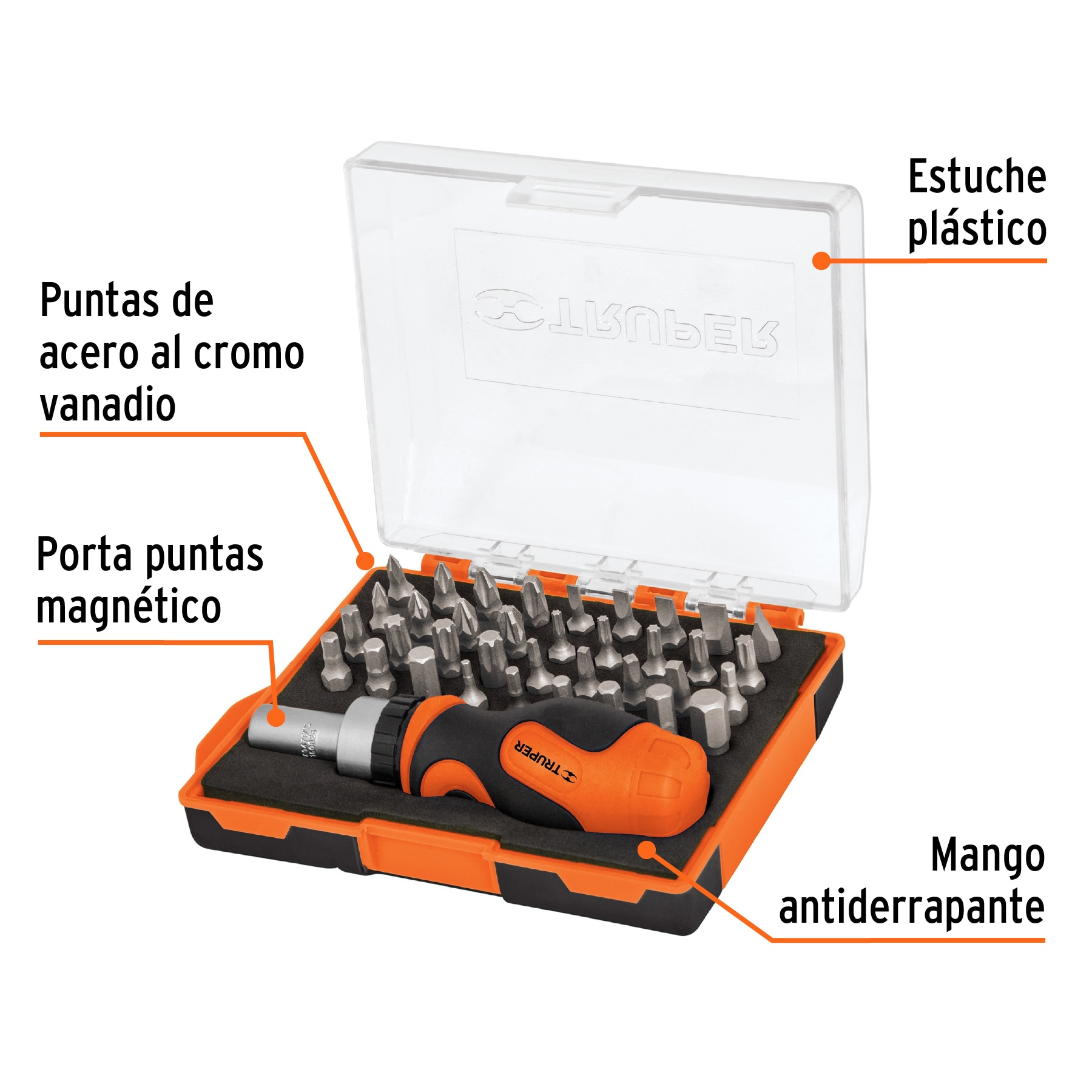 Desarmador tipo trompo con matraca 37 piezas