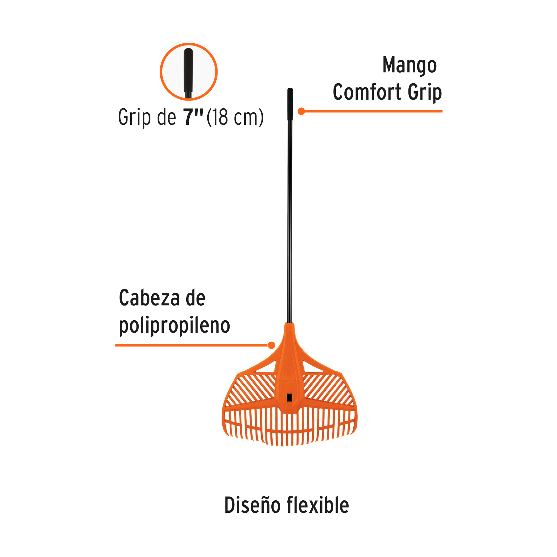 Escoba rastrillo de 26 dientes PVC 65cm jardin mango acero