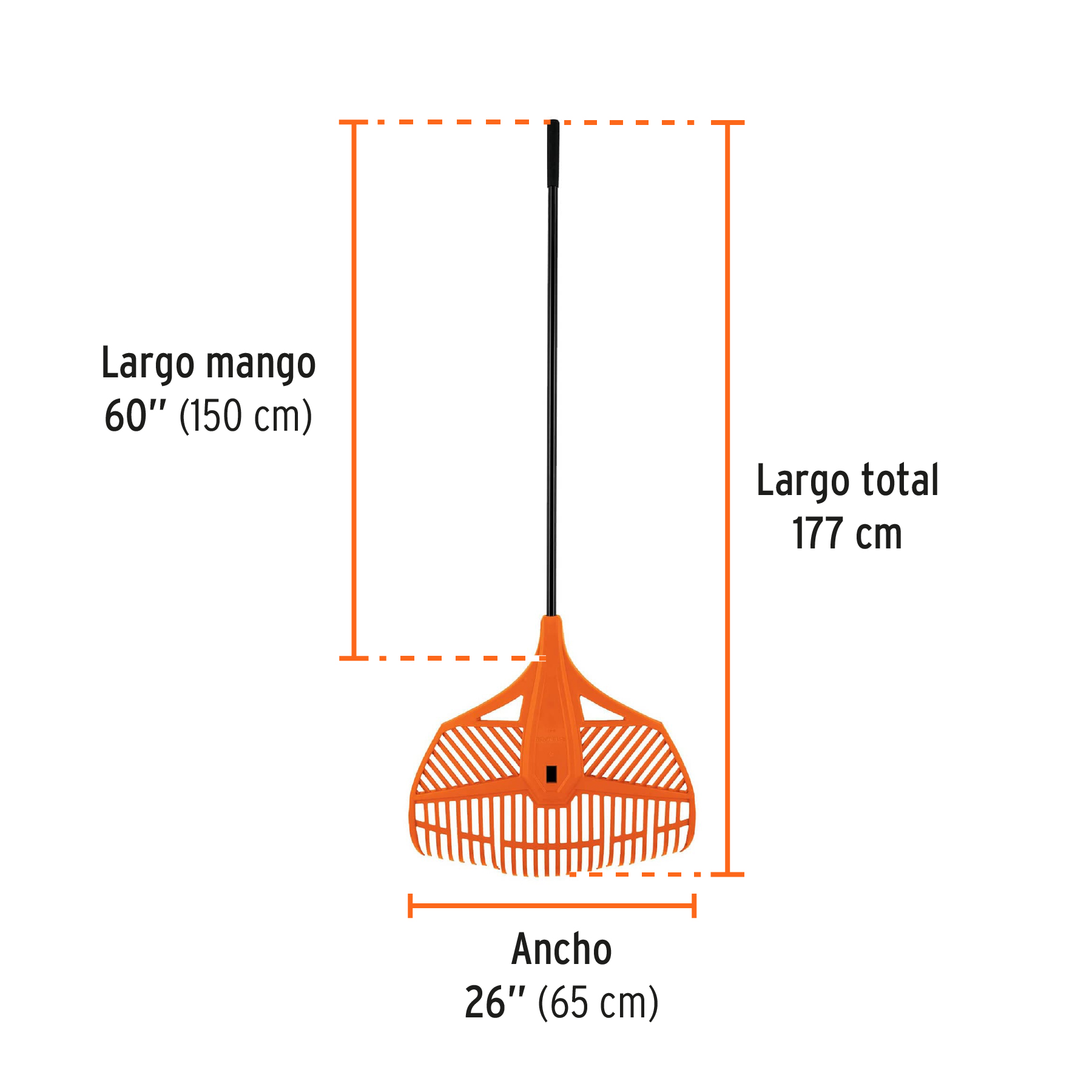 Escoba rastrillo de 26 dientes PVC 65cm jardin mango acero