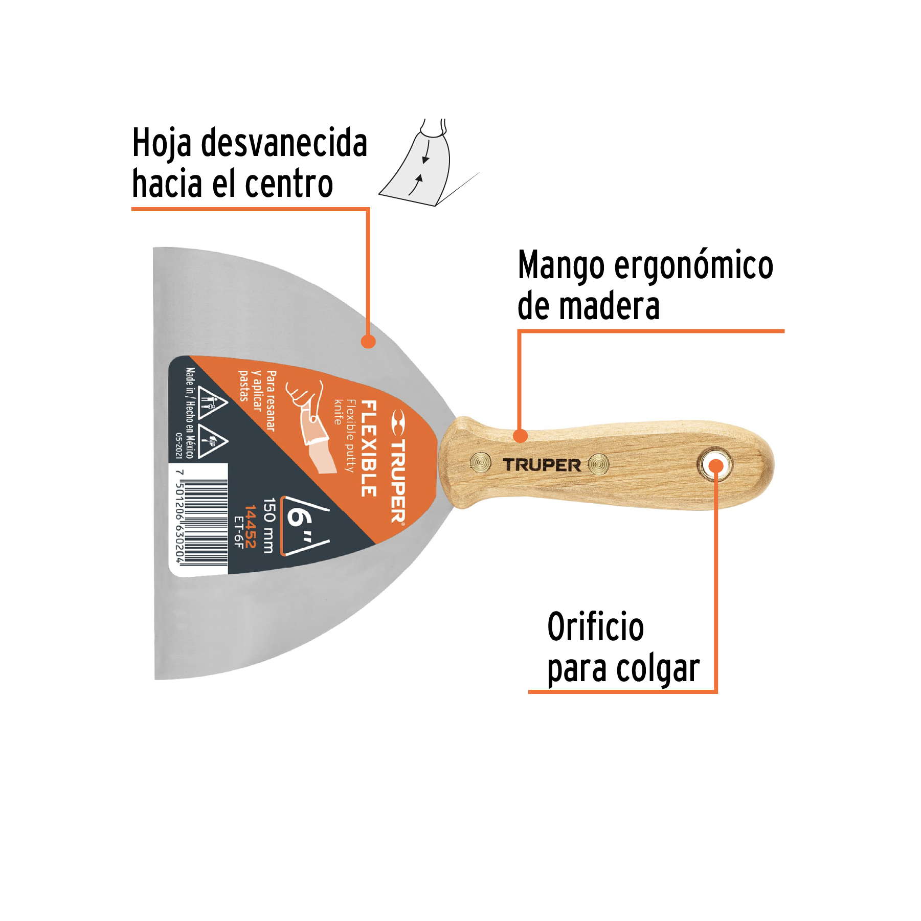 Espatula flexible mango de madera 6"