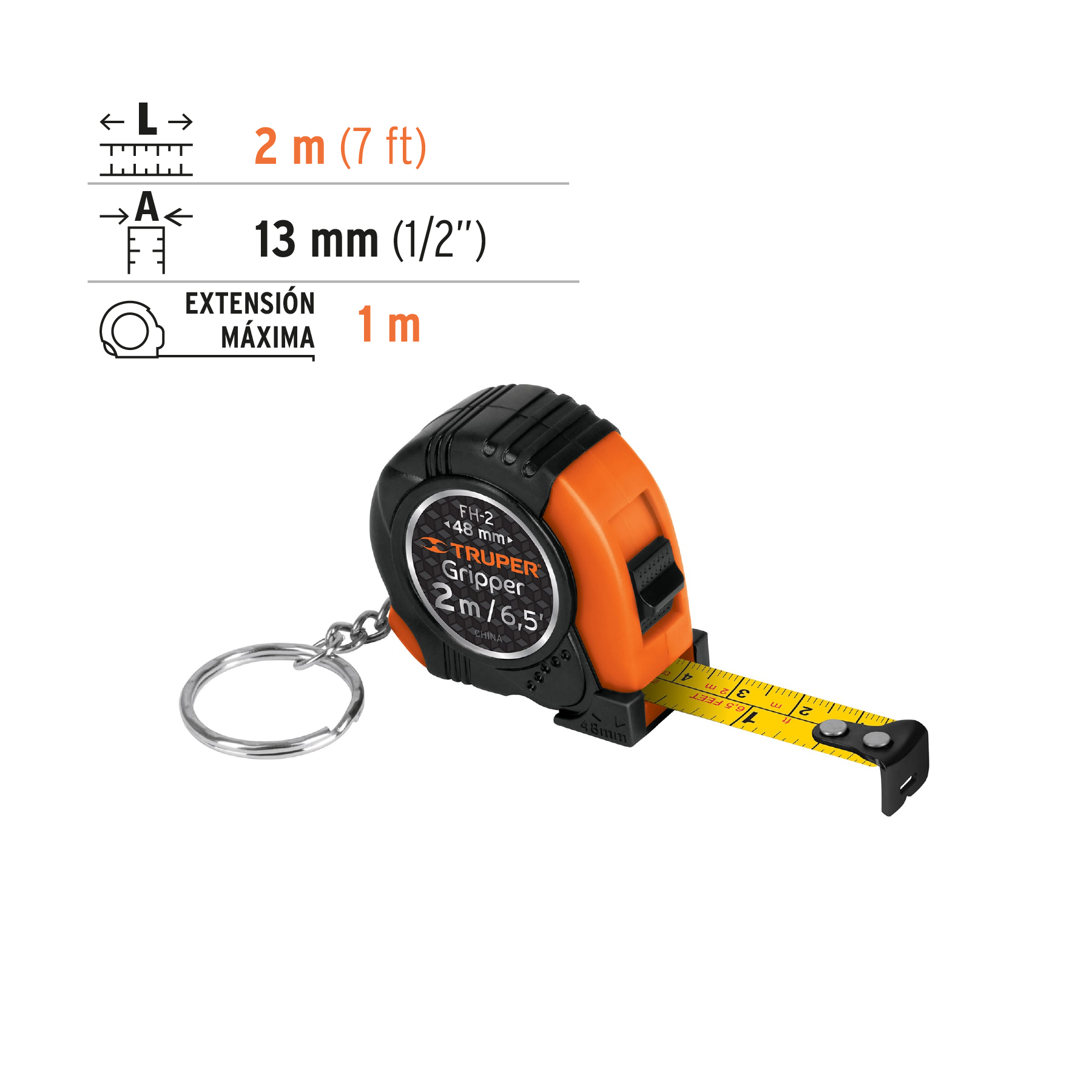 Flexometro tipo llavero 2m Cinta 13mm