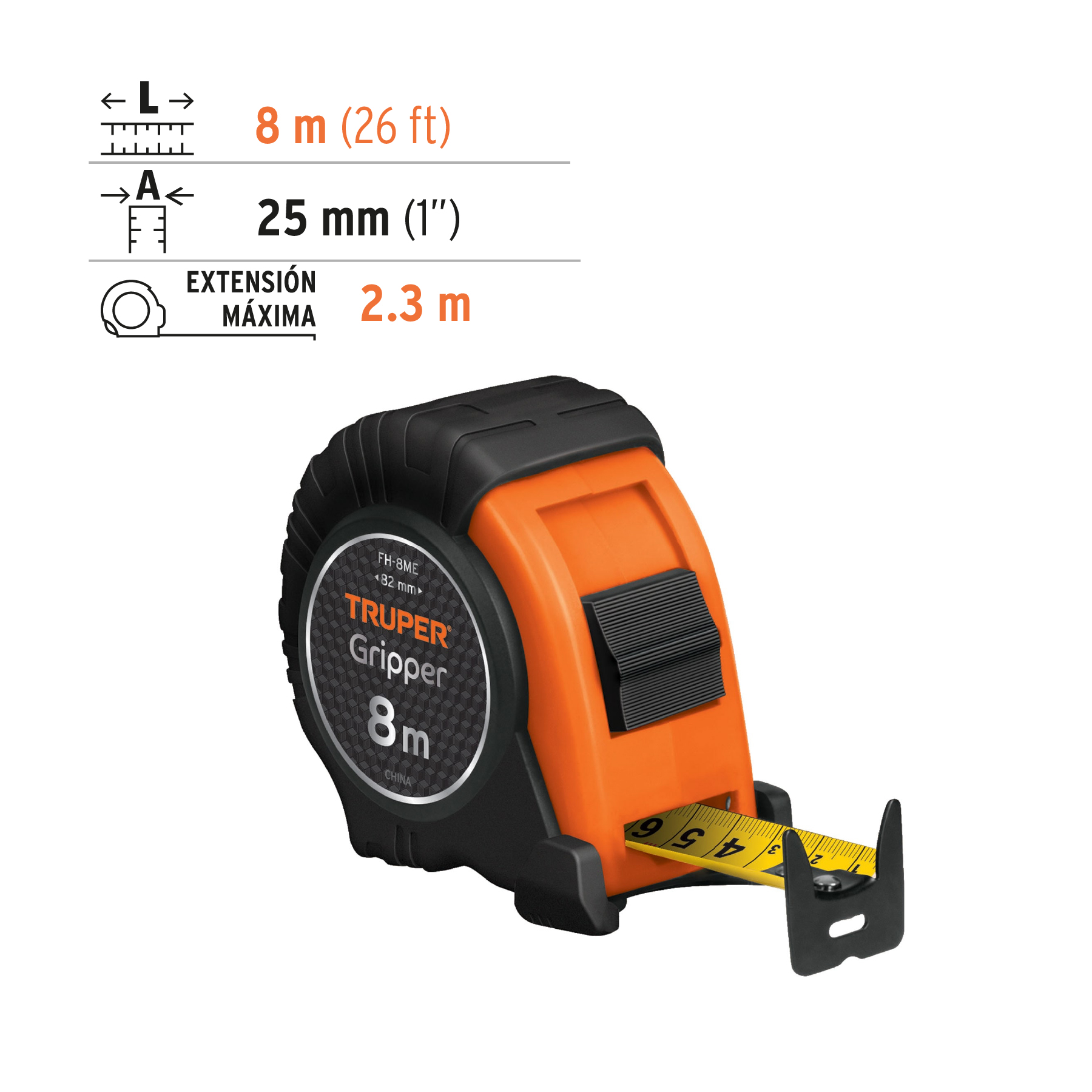 Flexometro contra impacto 8m 25 mm *Metrica ambos lados