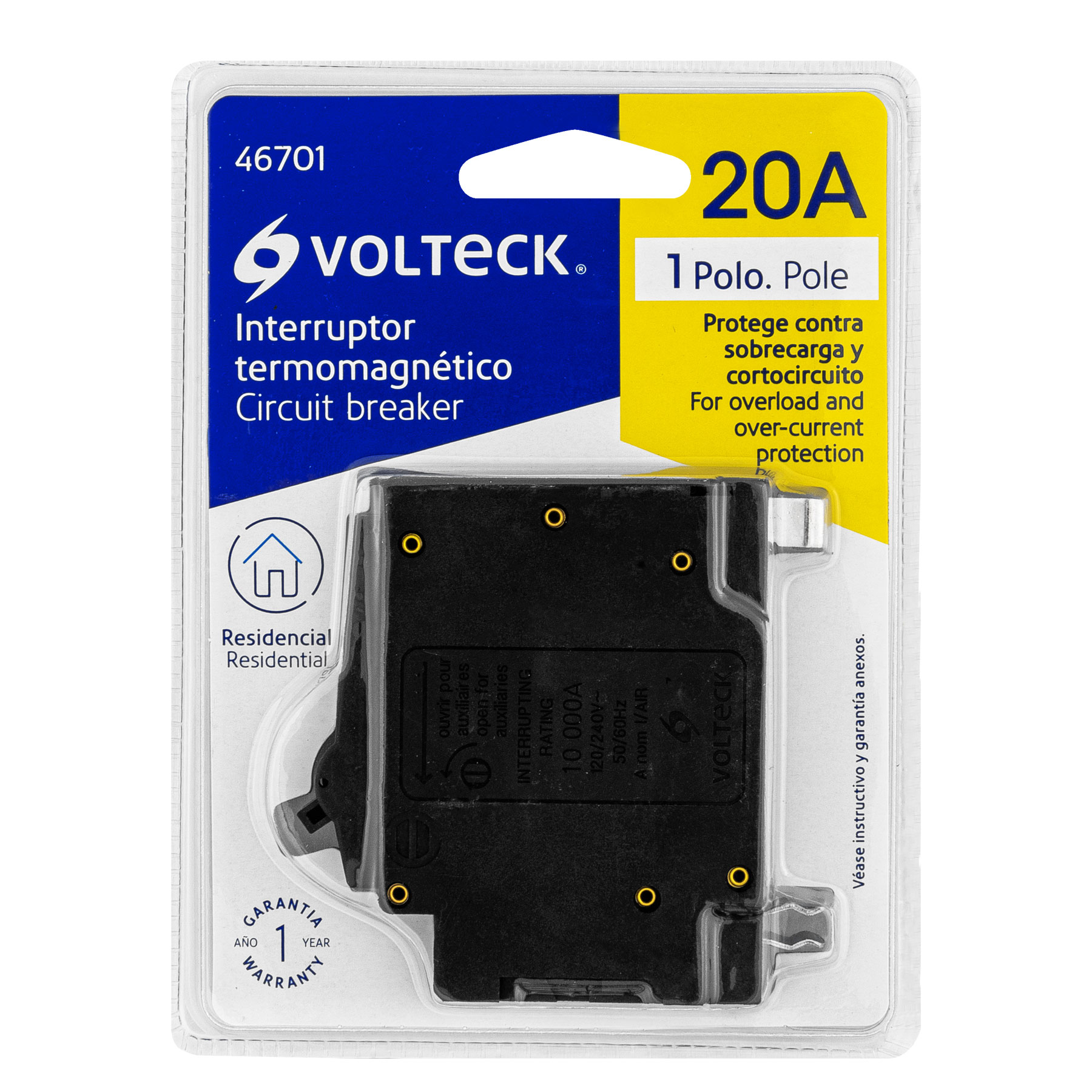 Interruptor termomagnetico 1 polo 20A Pastilla Volteck