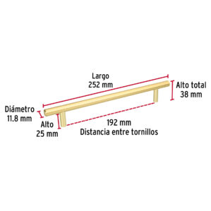 Jaladera laton brillante estilo Cilindro Largo 192mm