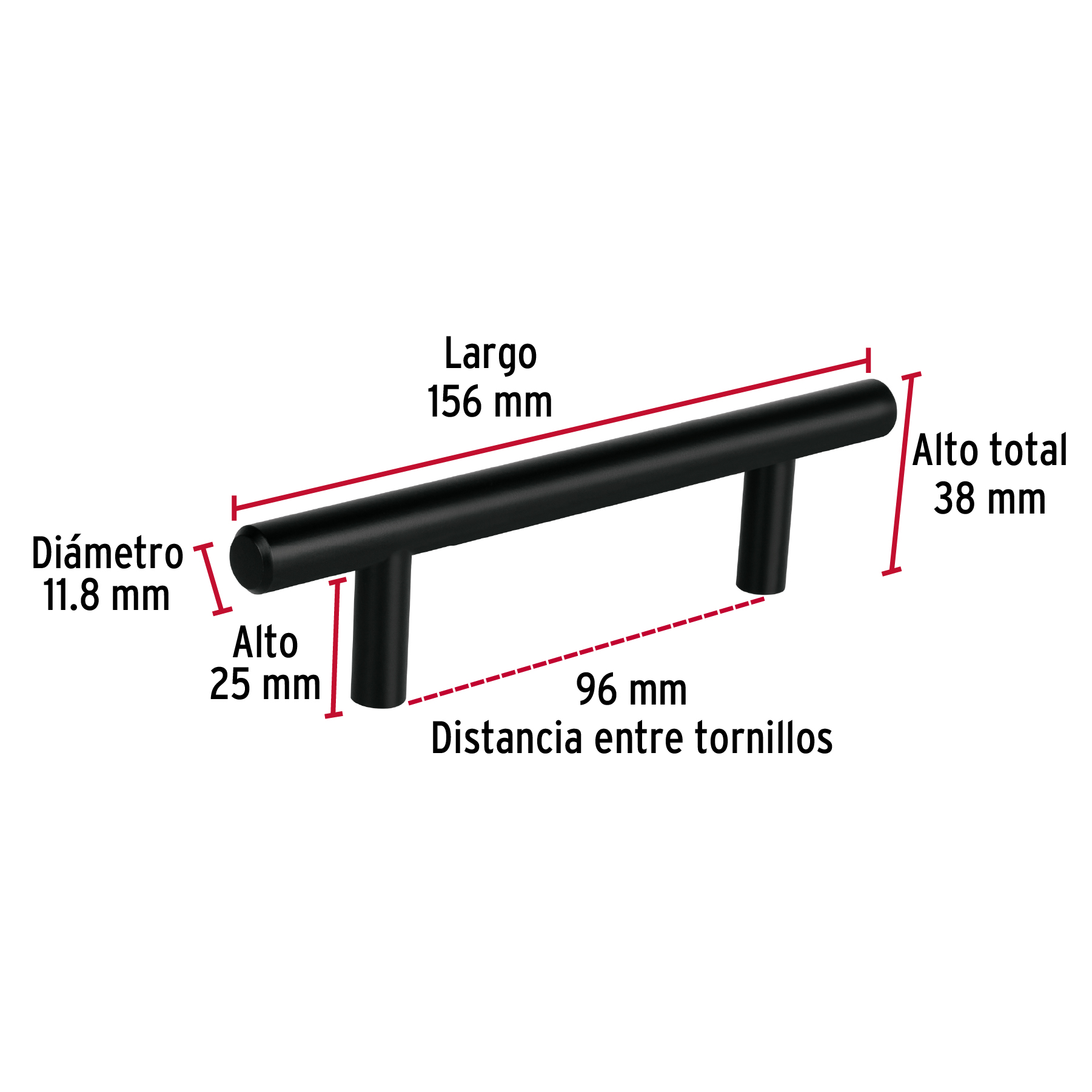 Jaladera Negro Mate estilo Cilindro Largo 96mm