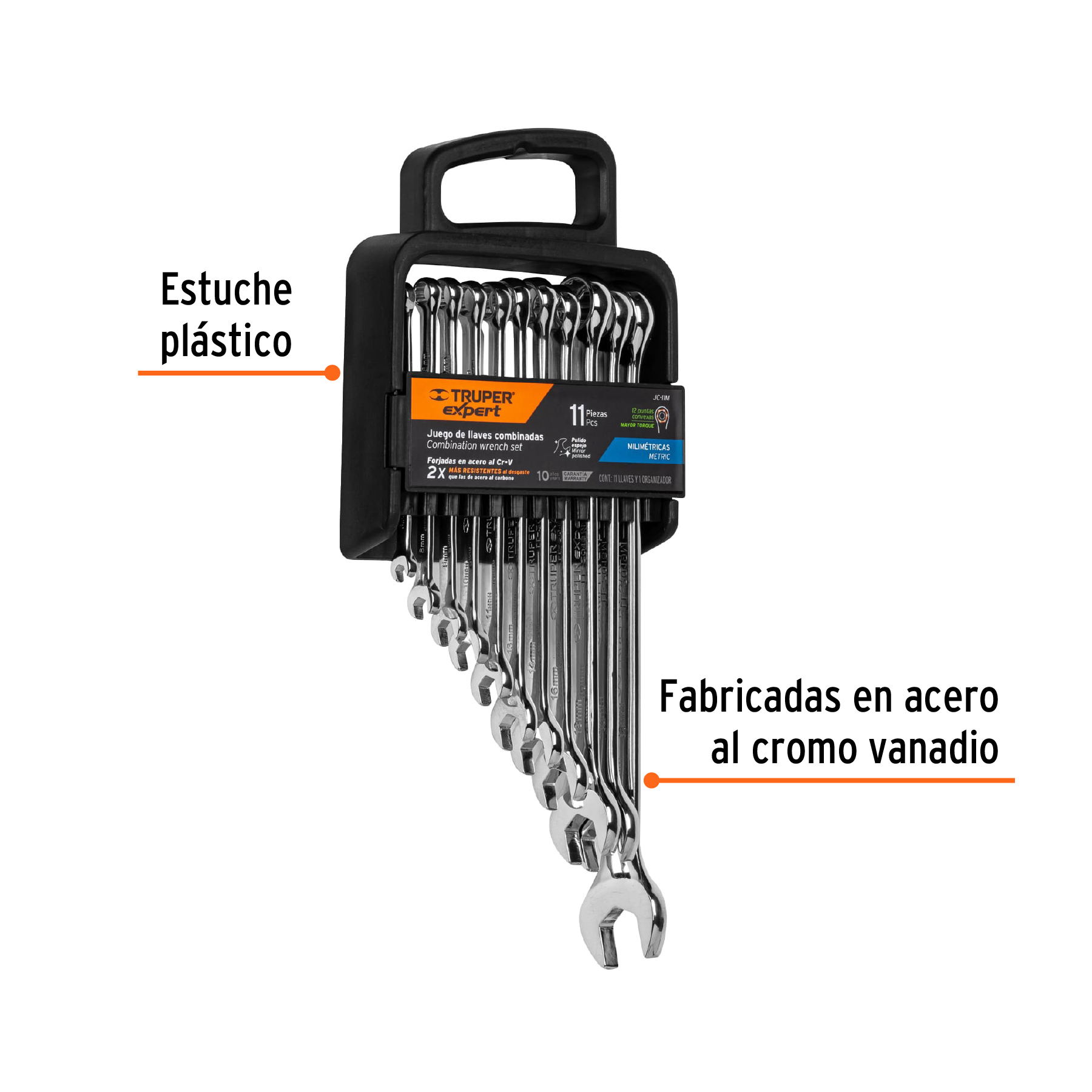 Juego de llaves combinadas 11 piezas pulidas milimetricas Truper