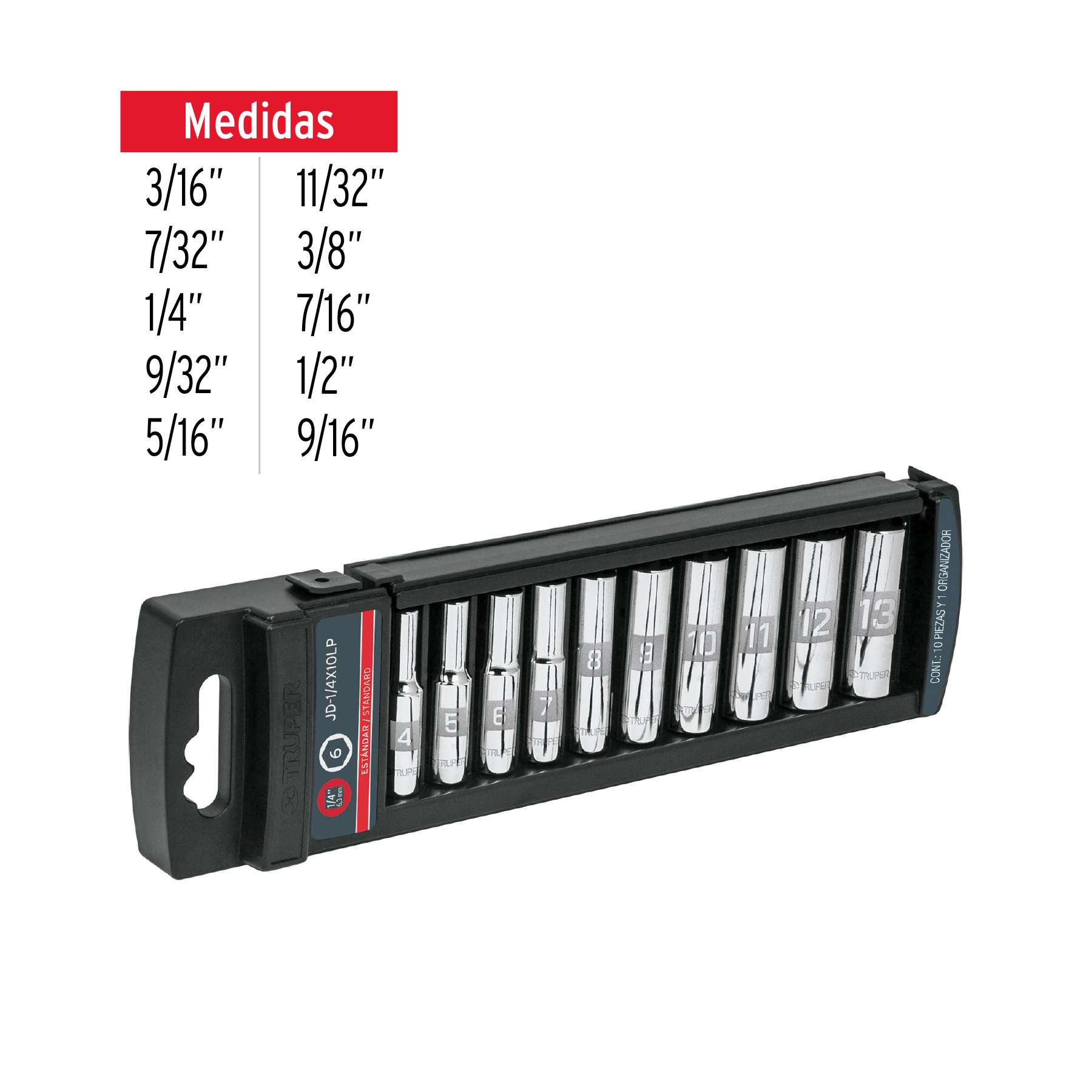 Juego de 10 dados largos standard Cuadro 1/4"