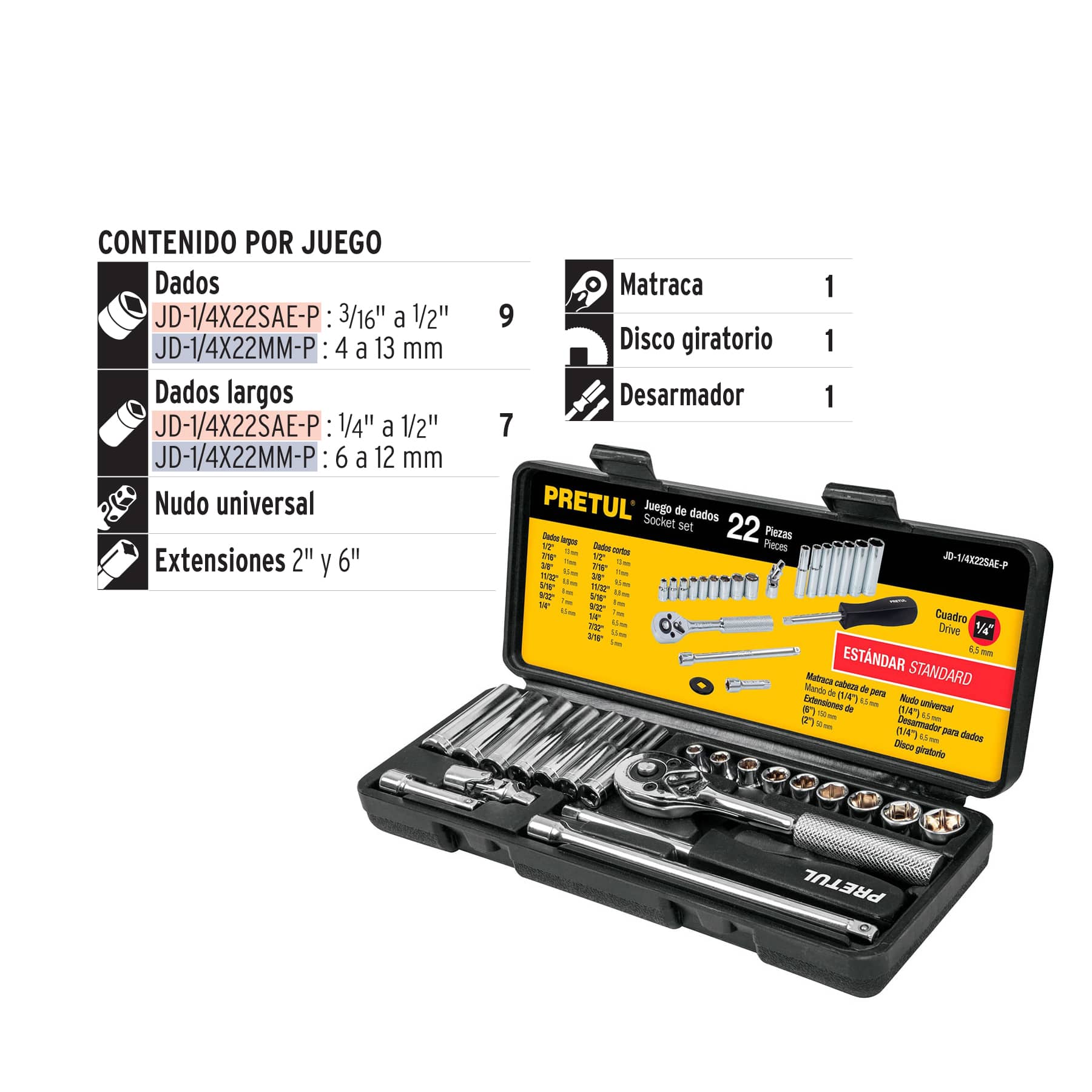 Juego de 22 herramientas 1/4" std para mecanico Pretul
