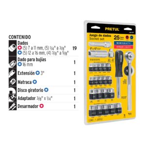 Matraca con juego de dados cuadro 1/4 y 3/8