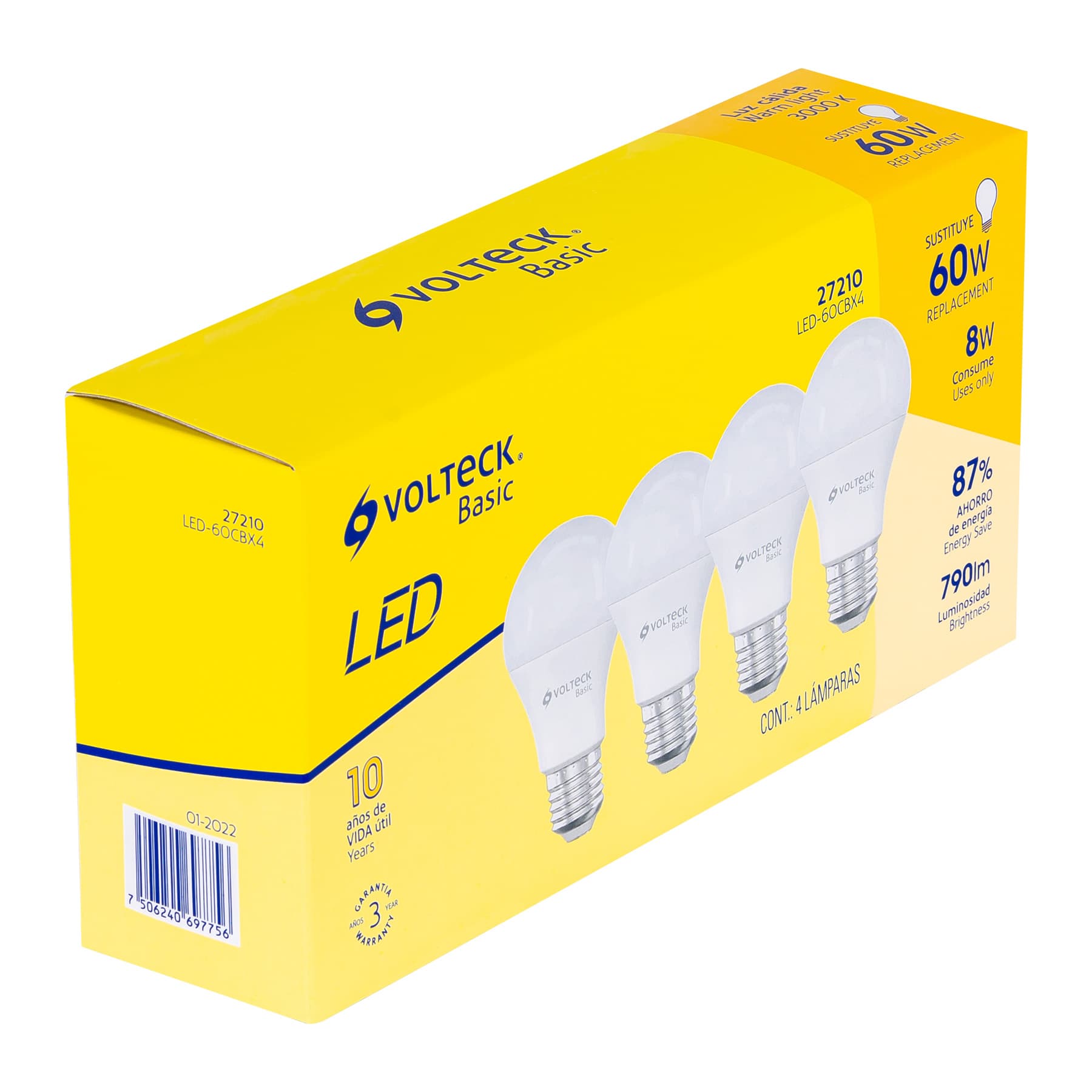 Pack 4 Piezas de Foco Lampara LED 8W Luz Calida