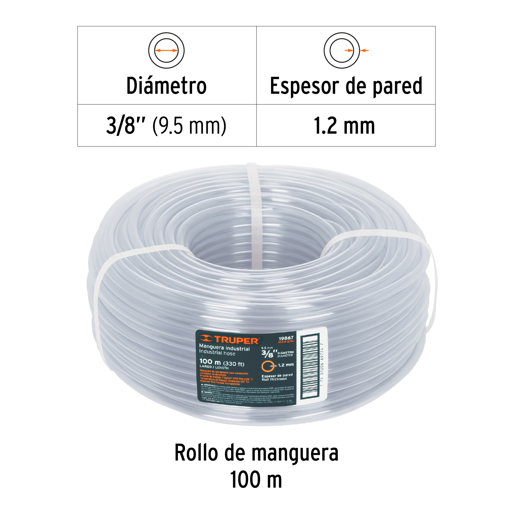 Rollo de 100m de Manguera 3/8" Industrial Transparente