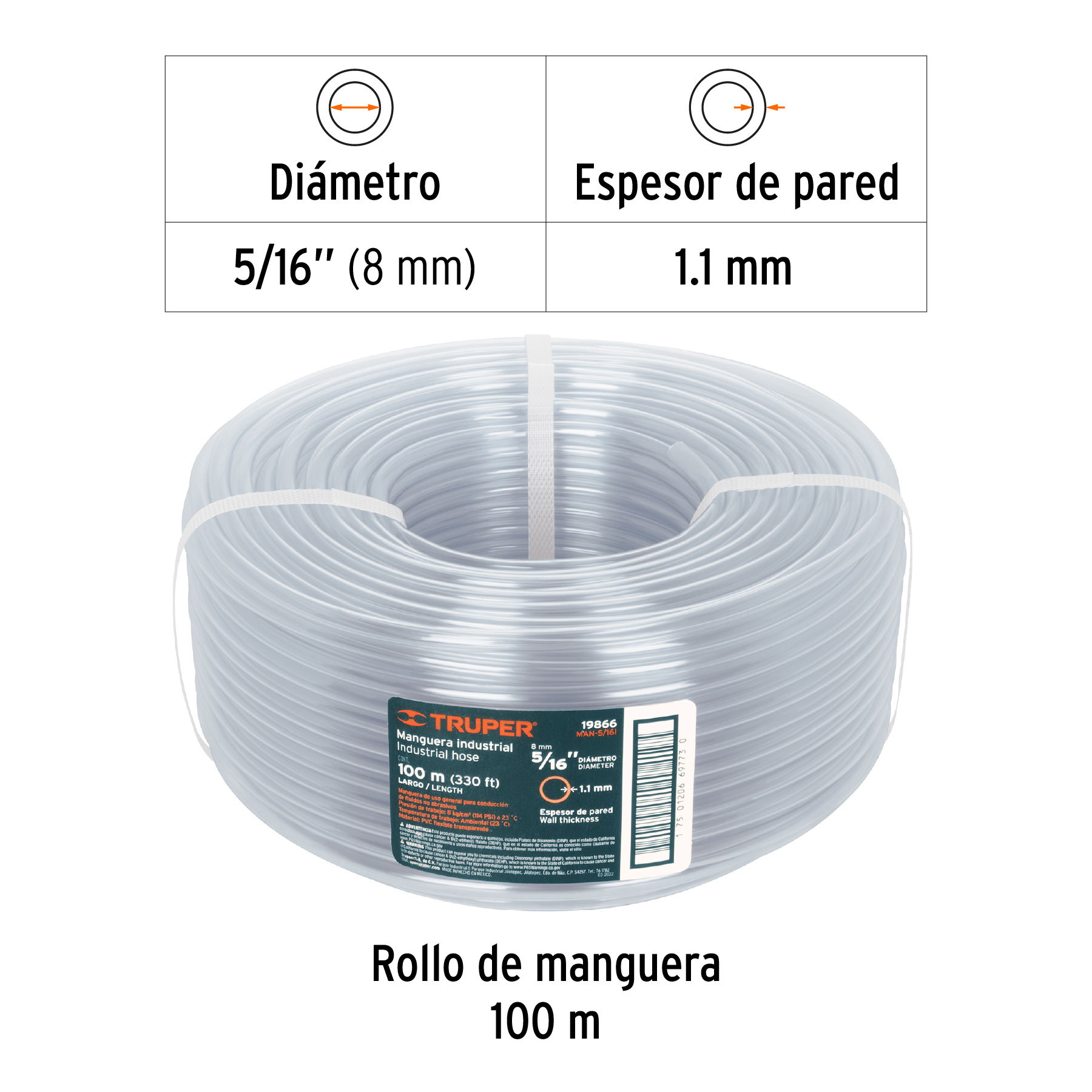 Rollo de 100m Manguera 5/16" industrial Transparente