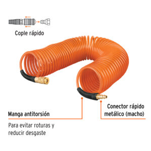 Manguera Aire 7.6m tipo resorte 1/4" para compresor Truper