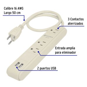 Multicontacto 3 entradas Supresor Picos con 2 puertos USB