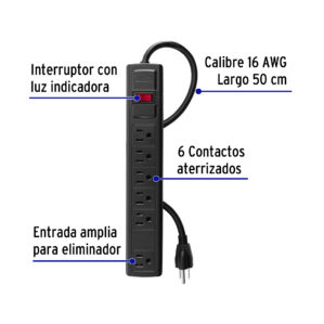 Multicontacto Calibre 16 Domestico 6 Entradas Negro Volteck