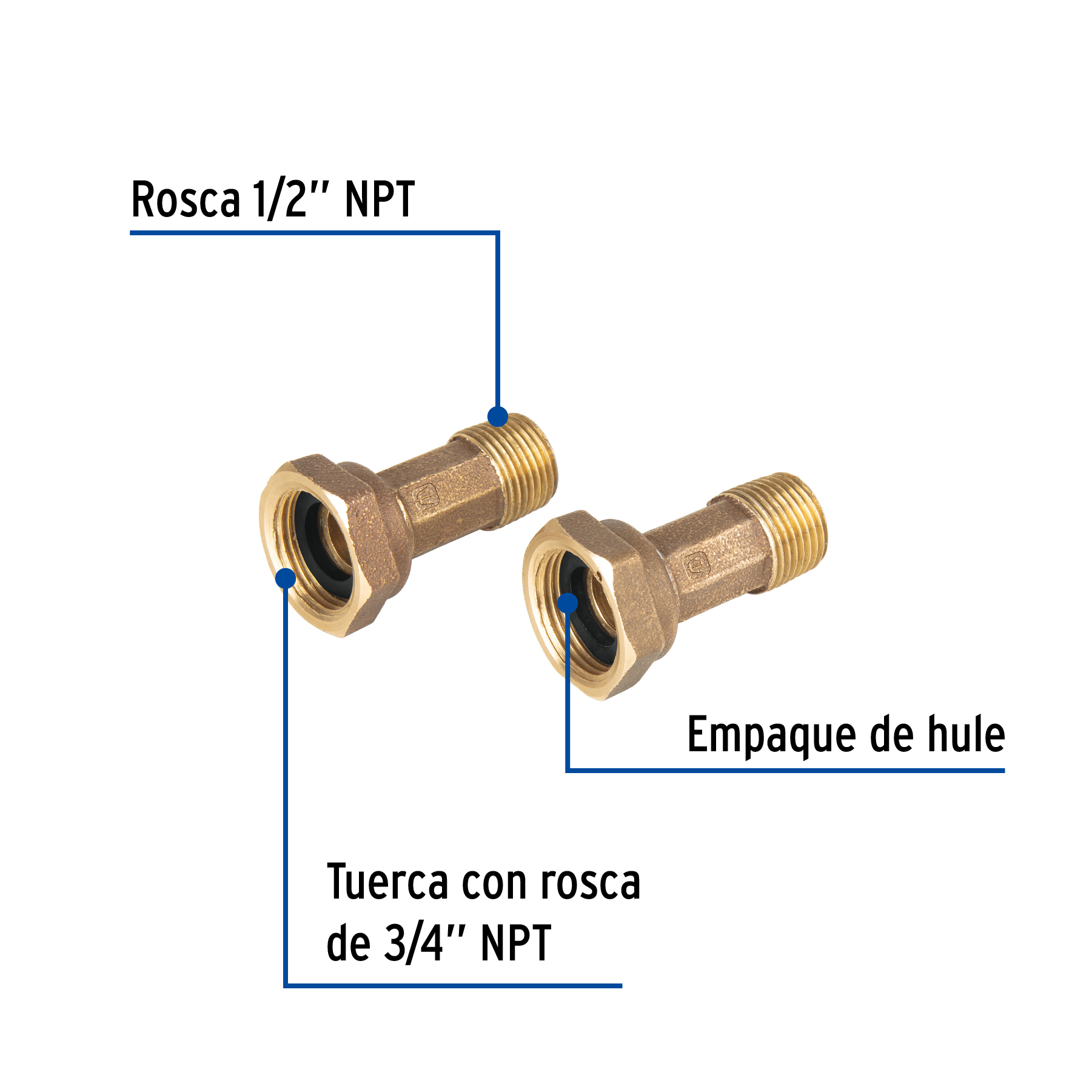 Juego de 2 Niples con tuercas para medidor de agua de 1/2" x 3/4"