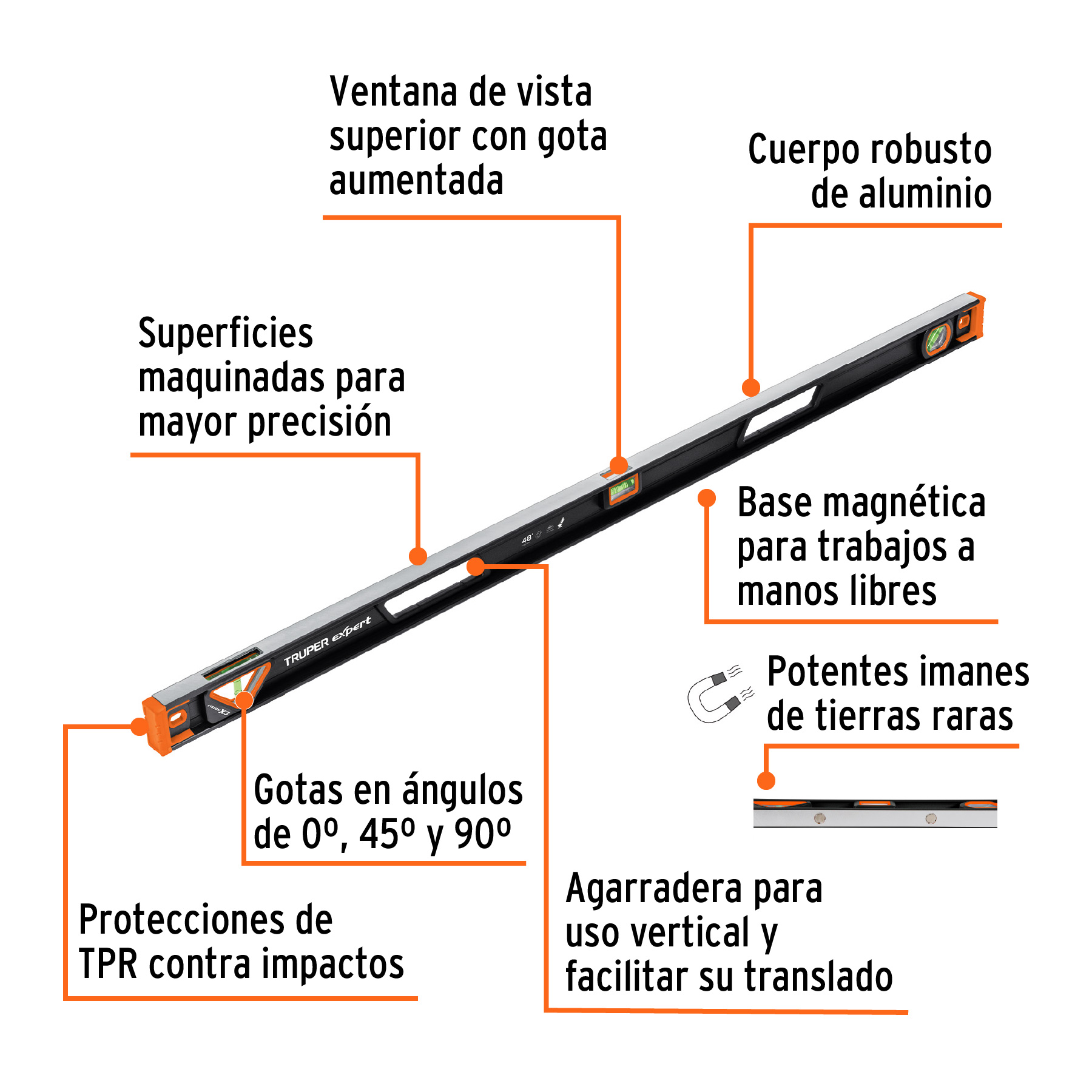 Nivel Profesional 48" de 122cm Magnetico Truper Expert