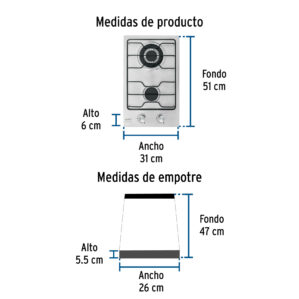 Parrilla gas empotrable 30cm, 2 quem, inox, esmalte, Foset
