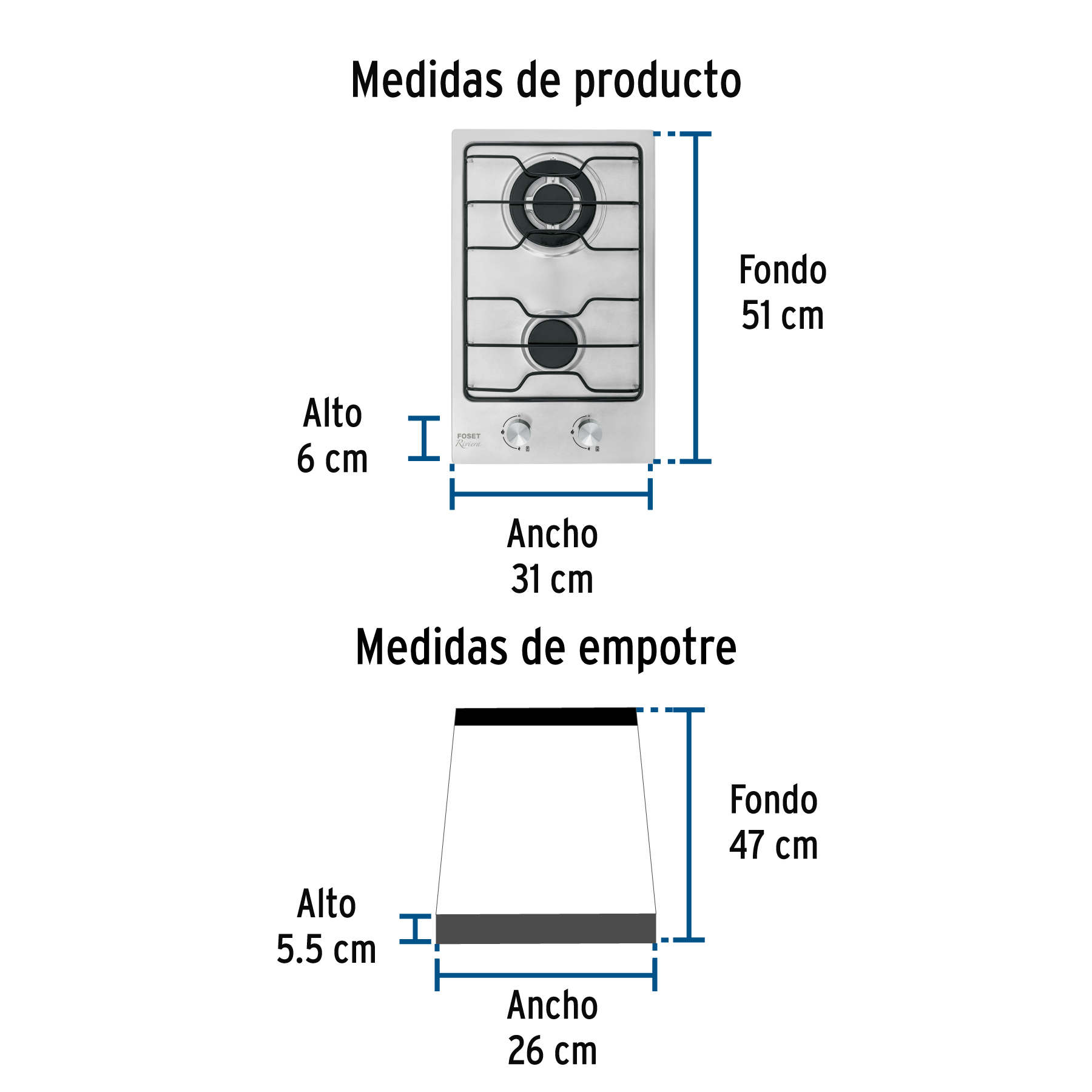 Parrilla gas empotrable 30cm, 2 quem, inox, esmalte, Foset