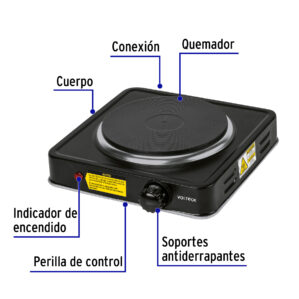 Parrilla electrica quemador tipo disco, negra, Volteck