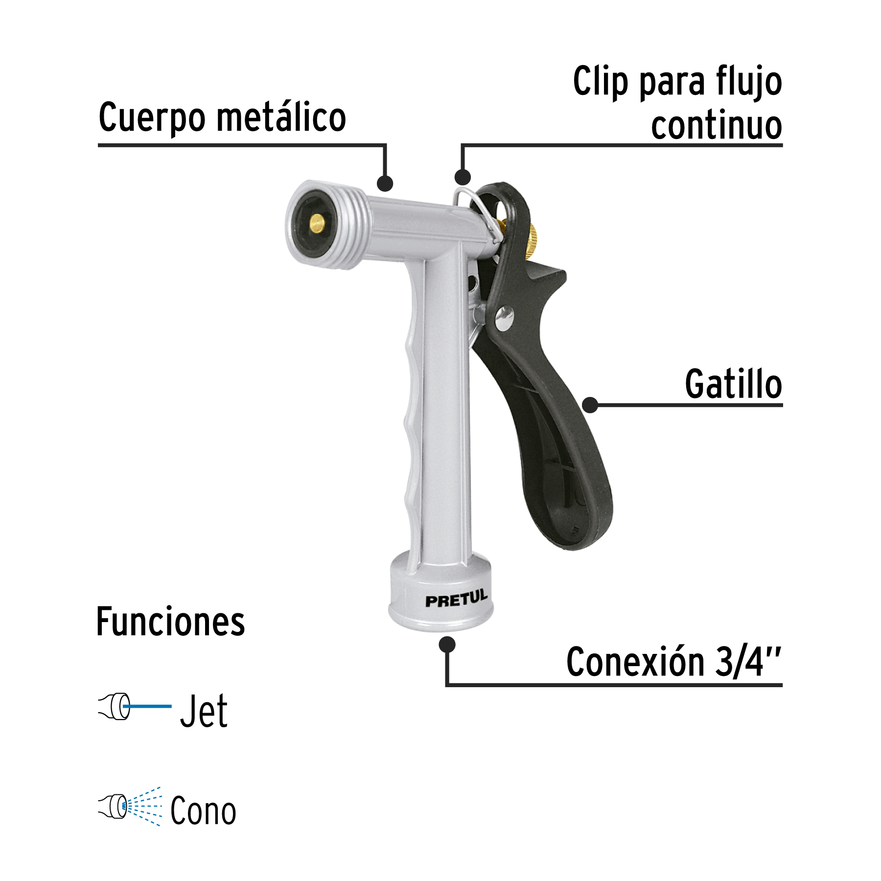 Pistola metalica para riego manguera de 5" Pretul