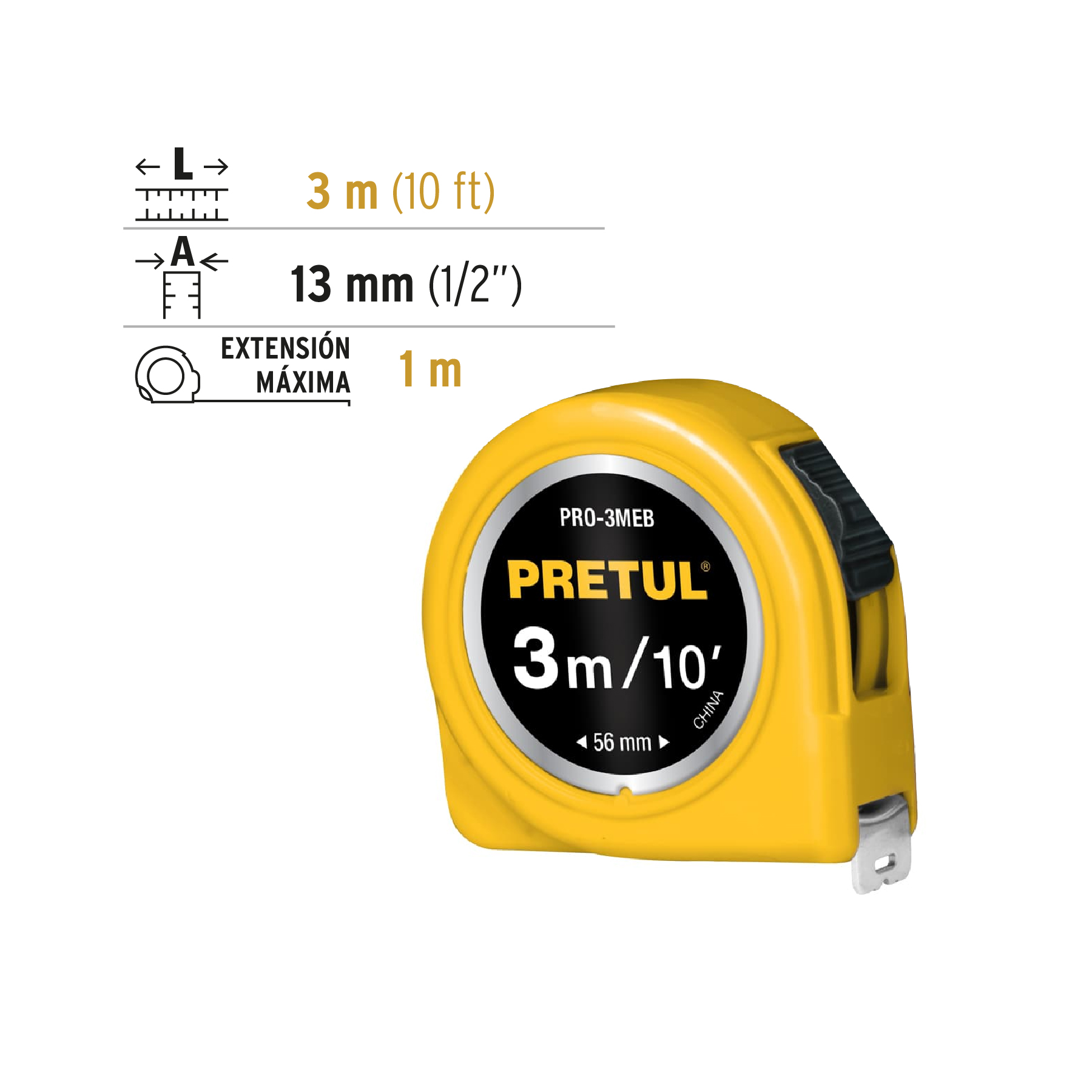 Flexometro amarillo 3m cinta 13mm Pretul