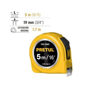 Flexometro amarillo 5m cinta 19mm Pretul