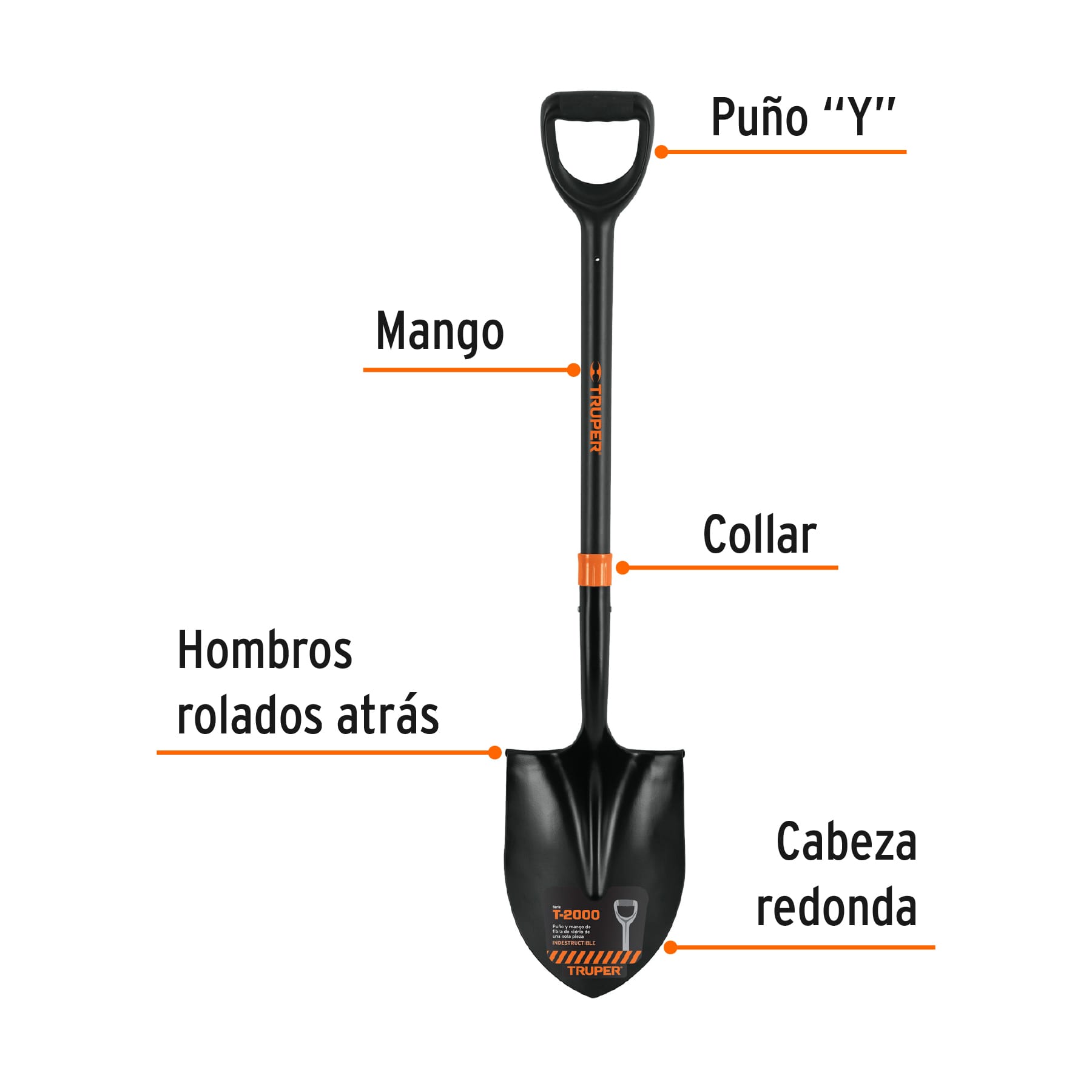 Pala redonda T-2000 puño "Y" mango fibra de vidrio Truper