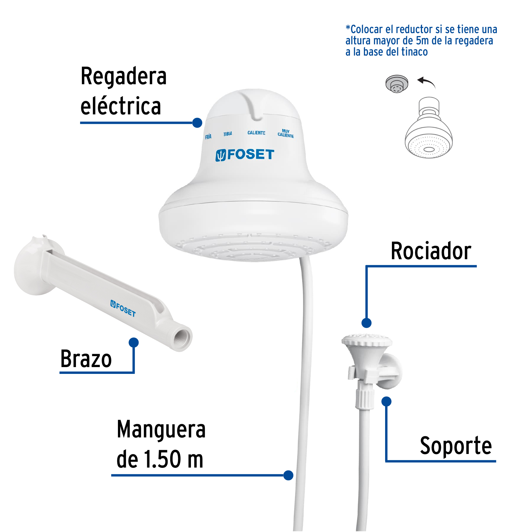 Regadera electrica de 4 temperaturas 6-1/2" Blanca Foset