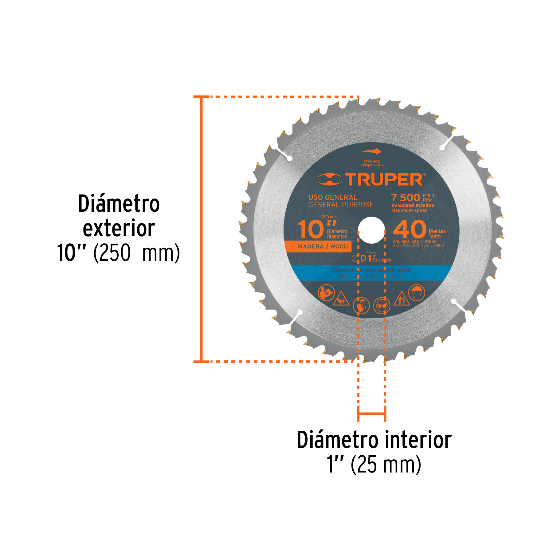 Disco sierra para madera 10" de 40 dientes Centro 1"