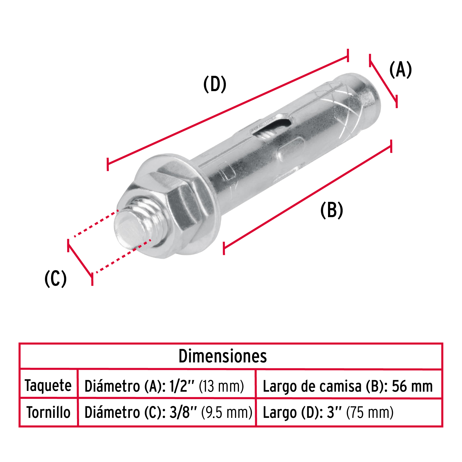 Taquete de expansion, 3/8" con tornillo, caja 50 piezas