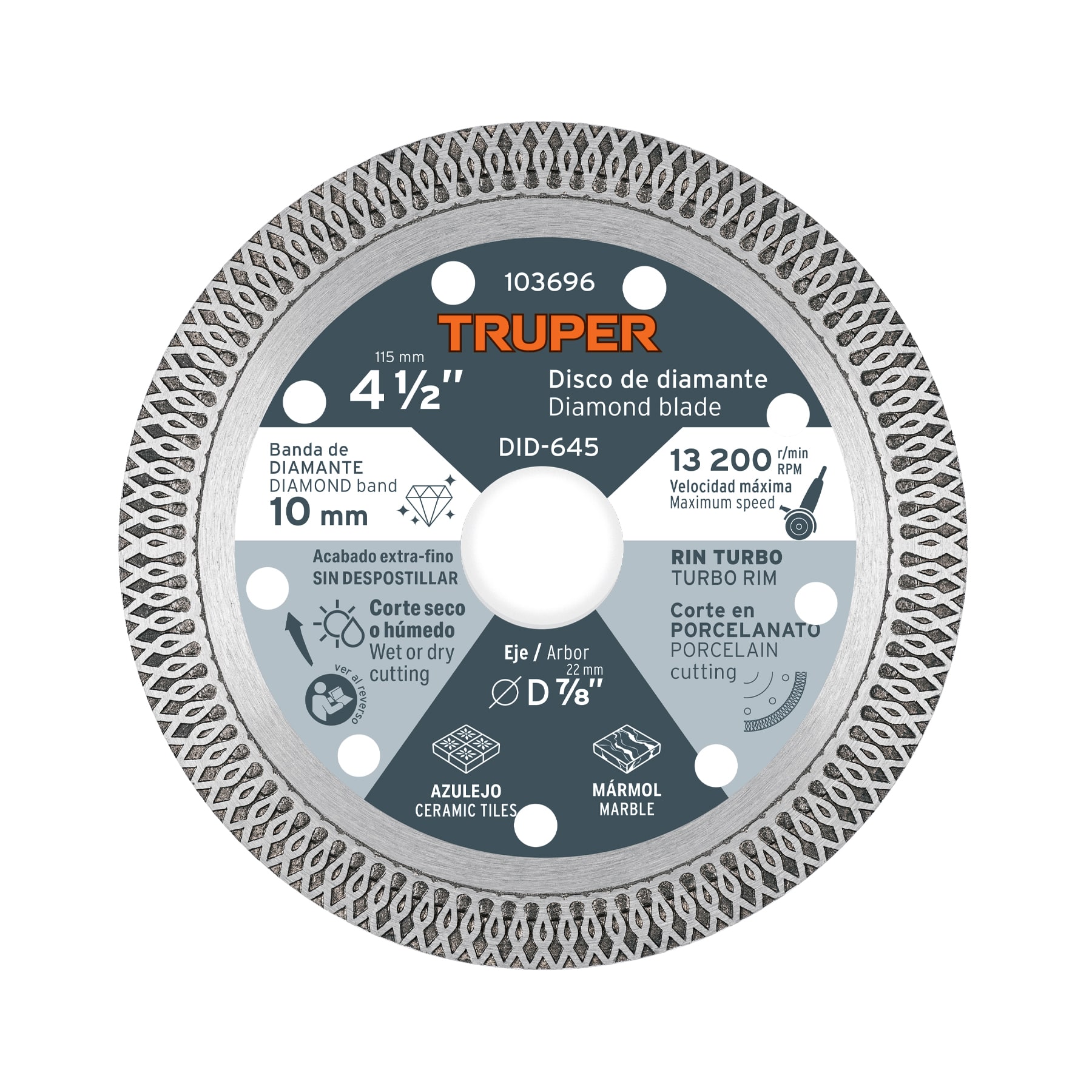 Disco de diamante de 4-1/2" corte porcelanato Rin turbo de malla
